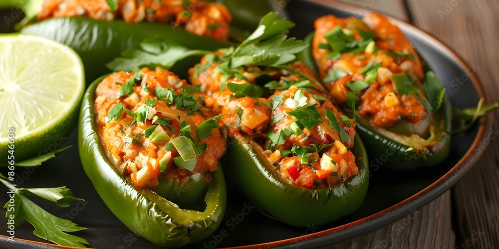 Closeup of Chiles en Nogada A Traditional Mexican Dish with Stuffed Peppers. Concept Closeup Photography, Mexican Cuisine, Traditional Dish, Stuffed Peppers, Food Photography Closeup of Chiles en Nogada A Traditional Mexican Dish with Stuffed Peppers. Concept Closeup Photography, Mexican Cuisine, Traditional Dish, Stuffed Peppers, Food Photography