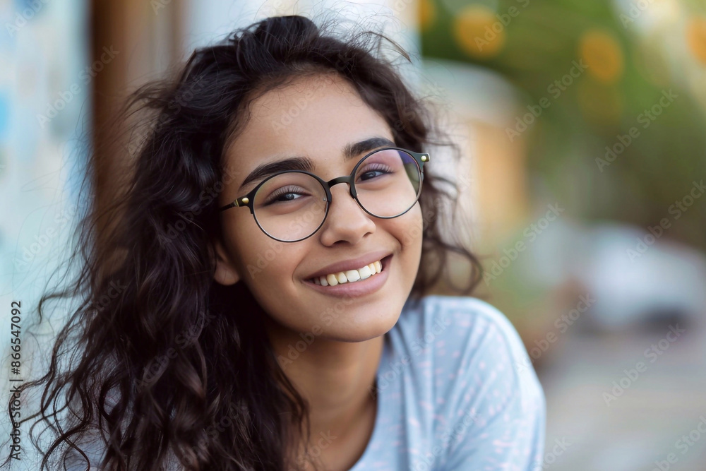 A close-up of a smiling woman wearing eyeglasses, enjoying a sunny day while seated outside, capturing her relaxed and happy demeanor in a natural, outdoor setting. A close-up of a smiling woman wearing eyeglasses, enjoying a sunny day while seated outside, capturing her relaxed and happy demeanor in a natural, outdoor setting.