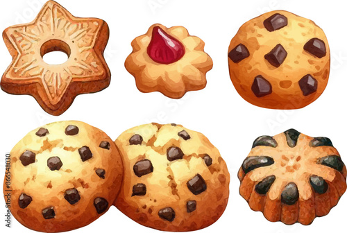 set with a variety of cookies, gingerbread in a watercolor style. Various sweets