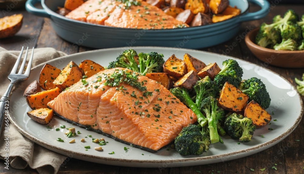 A plate of baked salmon with a side of roasted sweet potatoes and broccoli. A plate of baked salmon with a side of roasted sweet potatoes and broccoli.