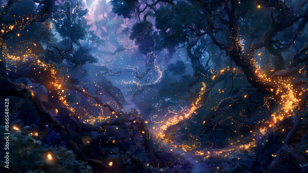 A trail of glittering fireflies guides lost wanderers through a maze of tangled vines and twisted trees. A trail of glittering fireflies guides lost wanderers through a maze of tangled vines and twisted trees.