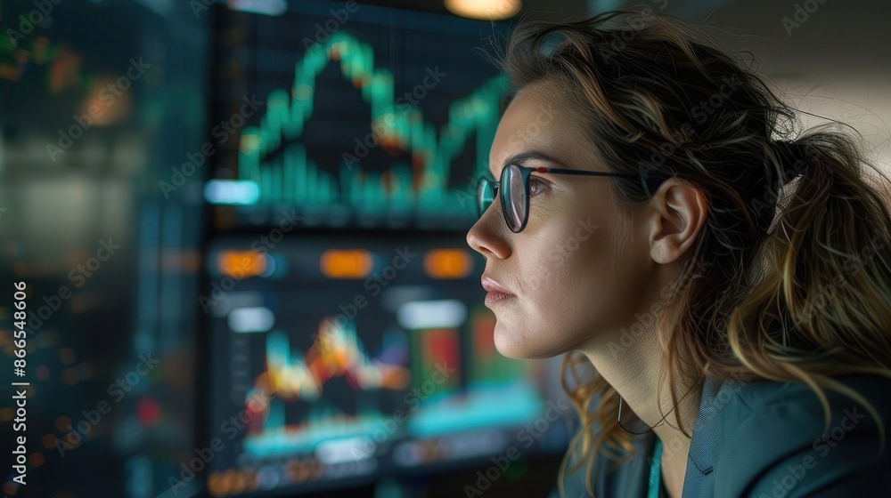 Female analyst reviewing sustainability metrics with comprehensive dashboards, business, sustainability analysis Female analyst reviewing sustainability metrics with comprehensive dashboards, business, sustainability analysis