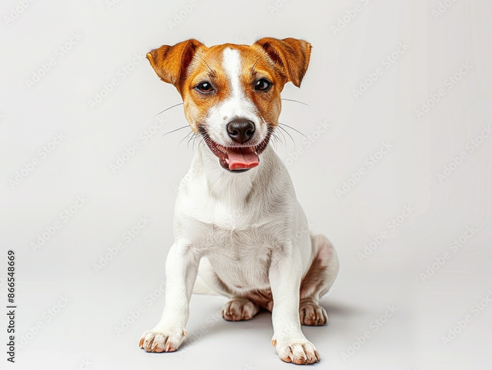 A small brown and white dog is sitting on a white background A small brown and white dog is sitting on a white background