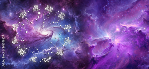 all zodiac signs with star constellation over purple blue universe with nebula, astrology background with copy space 