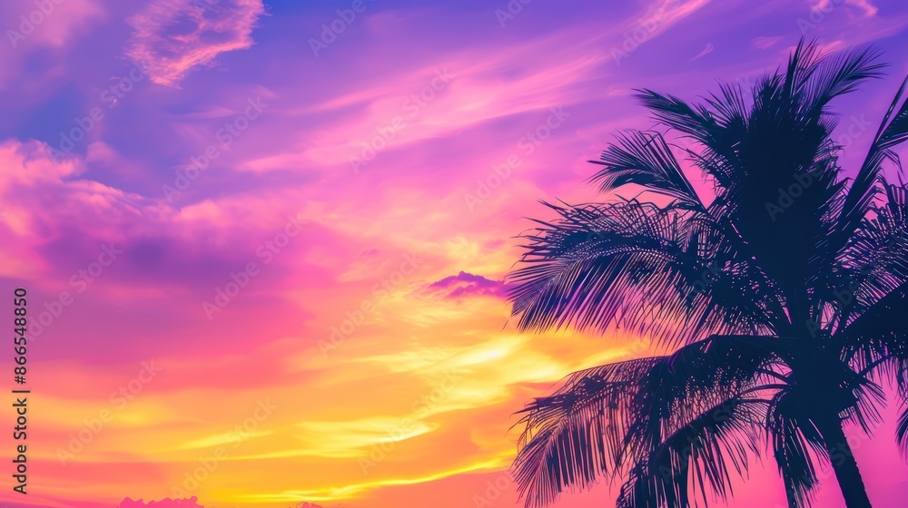 Panoramic sunset in summer with palm trees. Panoramic sunset in summer with palm trees.