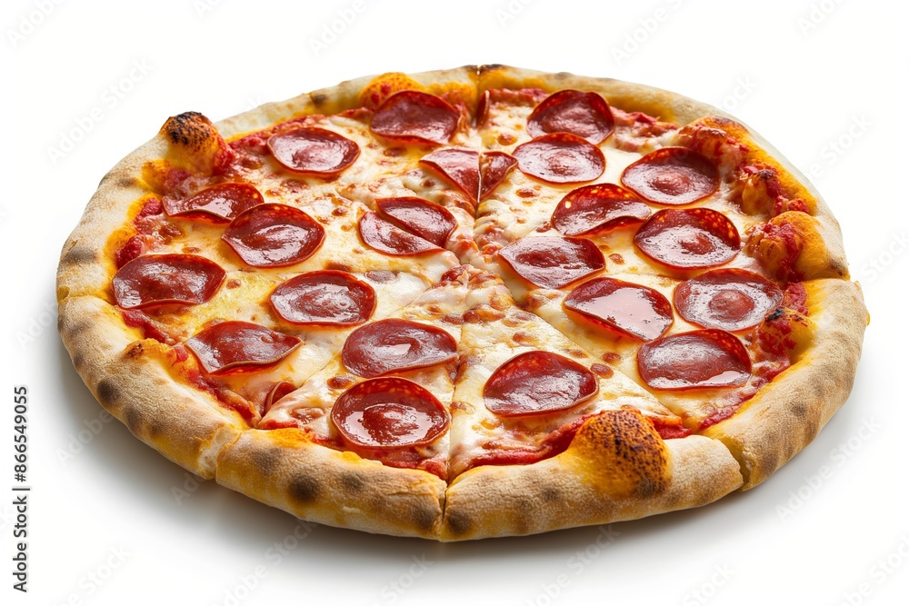 A pepperoni pizza with a lot of pepperoni on it. Isolated on white background A pepperoni pizza with a lot of pepperoni on it. Isolated on white background