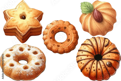 set with a variety of cookies, gingerbread in a watercolor style. Various sweets