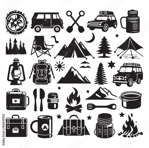 Camping and Outdoors set silhouette vector illustration