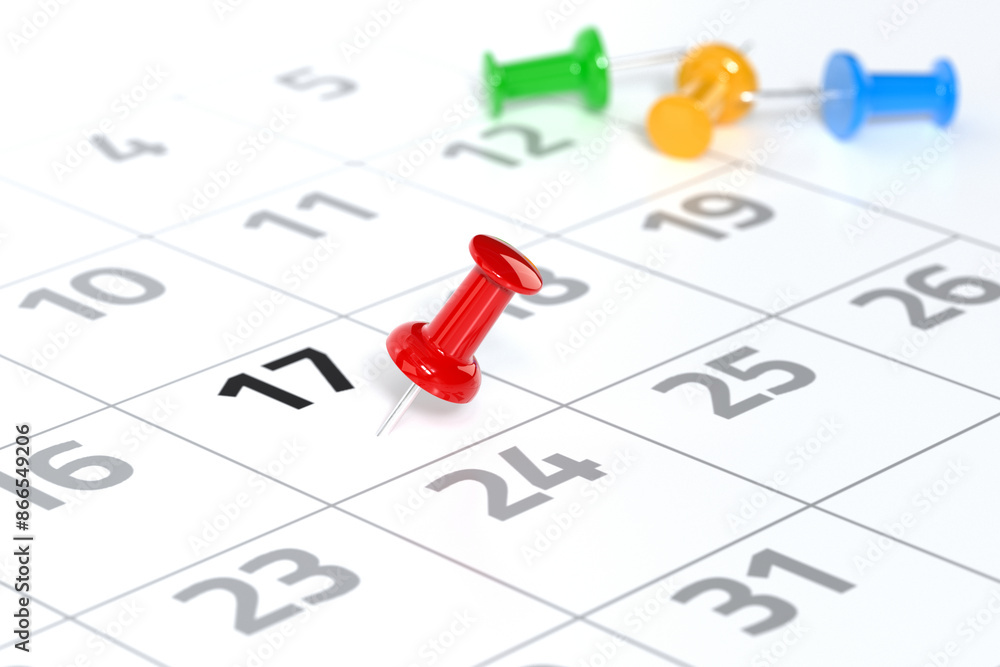 Calendar with Red Pushpin. Date Concept Using White Background and Simple Composition. 3d Rendering Calendar with Red Pushpin. Date Concept Using White Background and Simple Composition. 3d Rendering