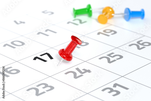 Calendar with Red Pushpin. Date Concept Using White Background and Simple Composition. 3d Rendering