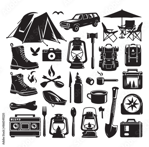 Camping and Outdoors set silhouette vector illustration