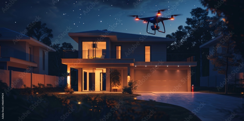 A nighttime scene of a drone delivering a package to a customer at their doorstep, illuminated by LED lights on the drone. A nighttime scene of a drone delivering a package to a customer at their doorstep, illuminated by LED lights on the drone.