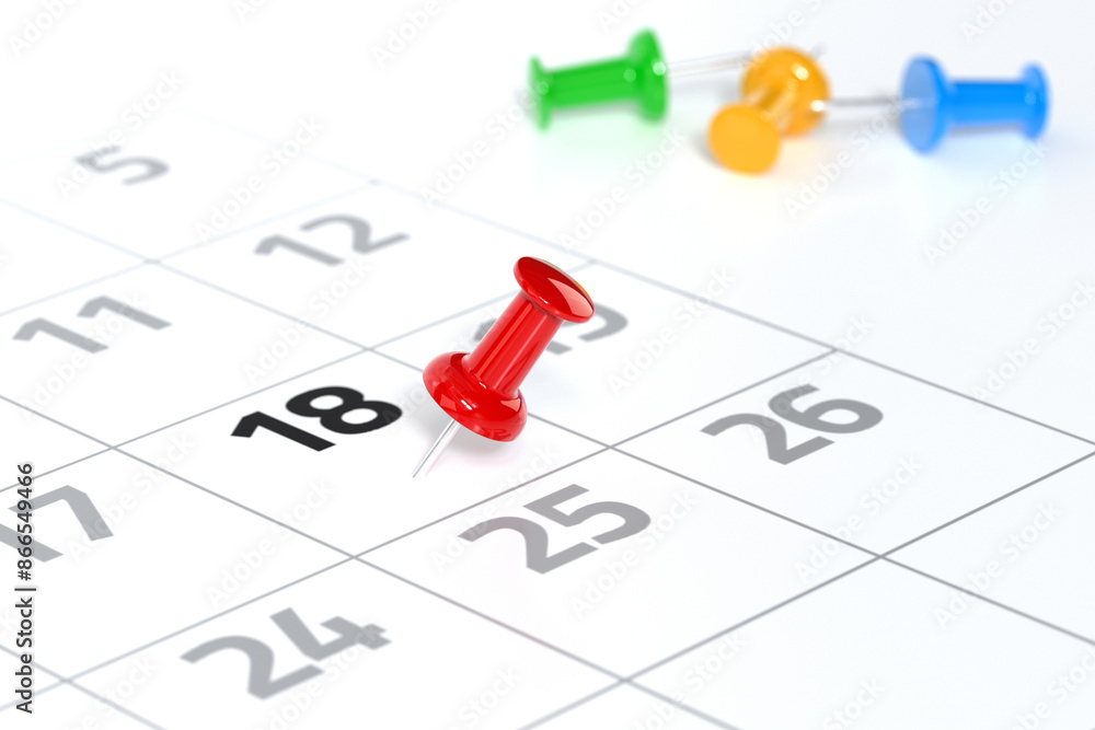 Calendar with Red Pushpin. Date Concept Using White Background and Simple Composition. 3d Rendering Calendar with Red Pushpin. Date Concept Using White Background and Simple Composition. 3d Rendering