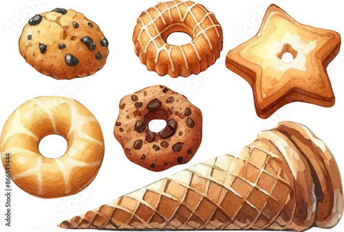 set with a variety of cookies, gingerbread in a watercolor style. Various sweets