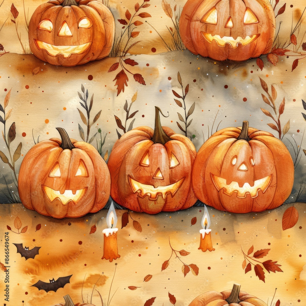 watercolor Rows of carved pumpkins with glowing faces, scattered autumn leaves, and flickering candles, minimal pattern, high contrasty watercolor Rows of carved pumpkins with glowing faces, scattered autumn leaves, and flickering candles, minimal pattern, high contrasty