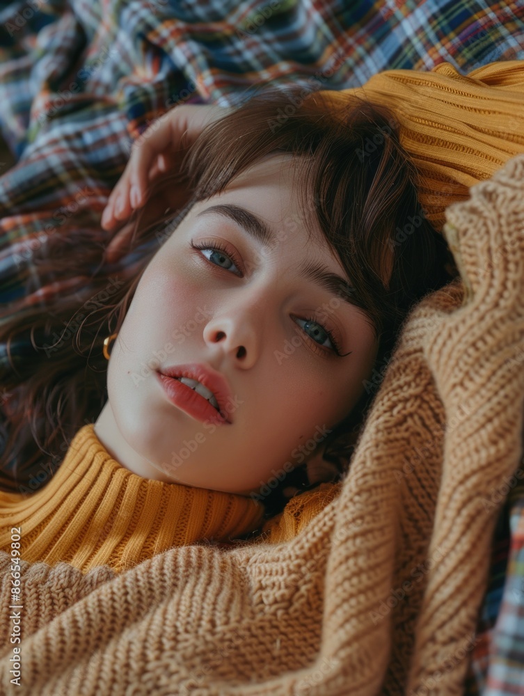 A woman is laying on a bed in a yellow sweater A woman is laying on a bed in a yellow sweater