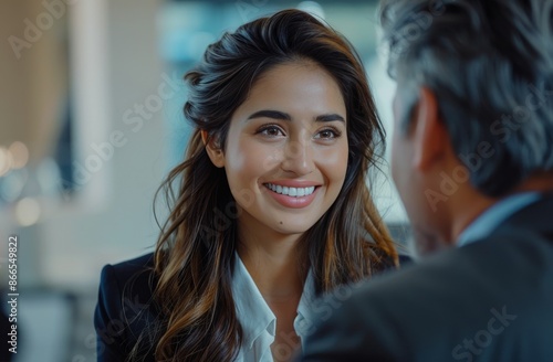 Young Woman Smiling at Man in Office