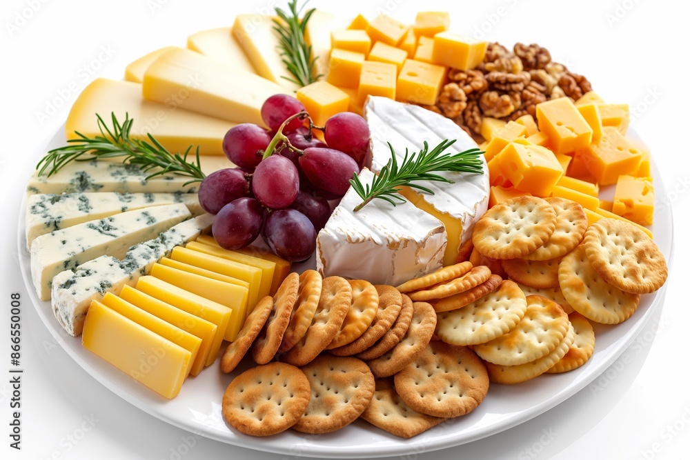A white plate with a variety of cheeses, crackers, and grapes. Isolated on white background A white plate with a variety of cheeses, crackers, and grapes. Isolated on white background