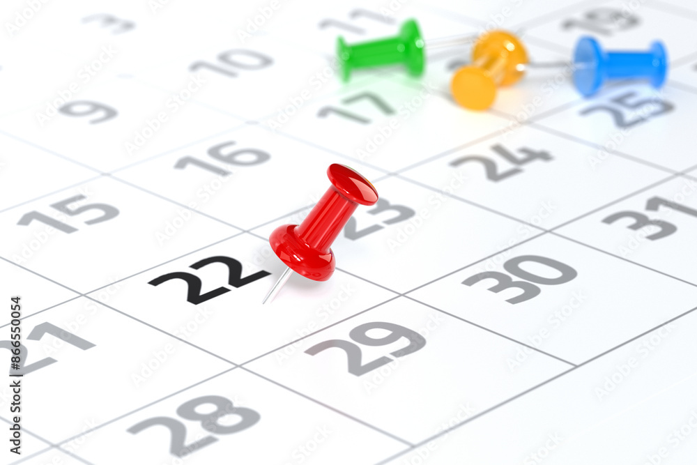 Calendar with Red Pushpin. Date Concept Using White Background and Simple Composition. 3d Rendering Calendar with Red Pushpin. Date Concept Using White Background and Simple Composition. 3d Rendering
