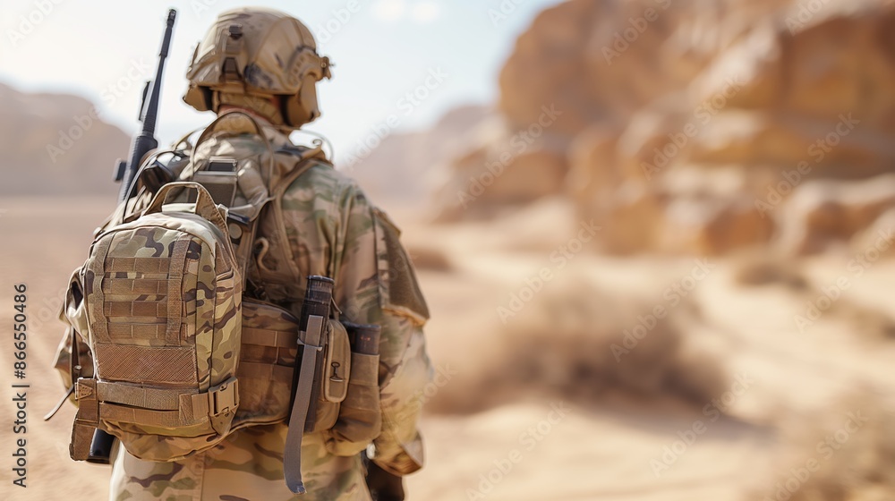 Soldier in a desert camo uniform patrolling an arid landscape, military patrol, desert operations Soldier in a desert camo uniform patrolling an arid landscape, military patrol, desert operations