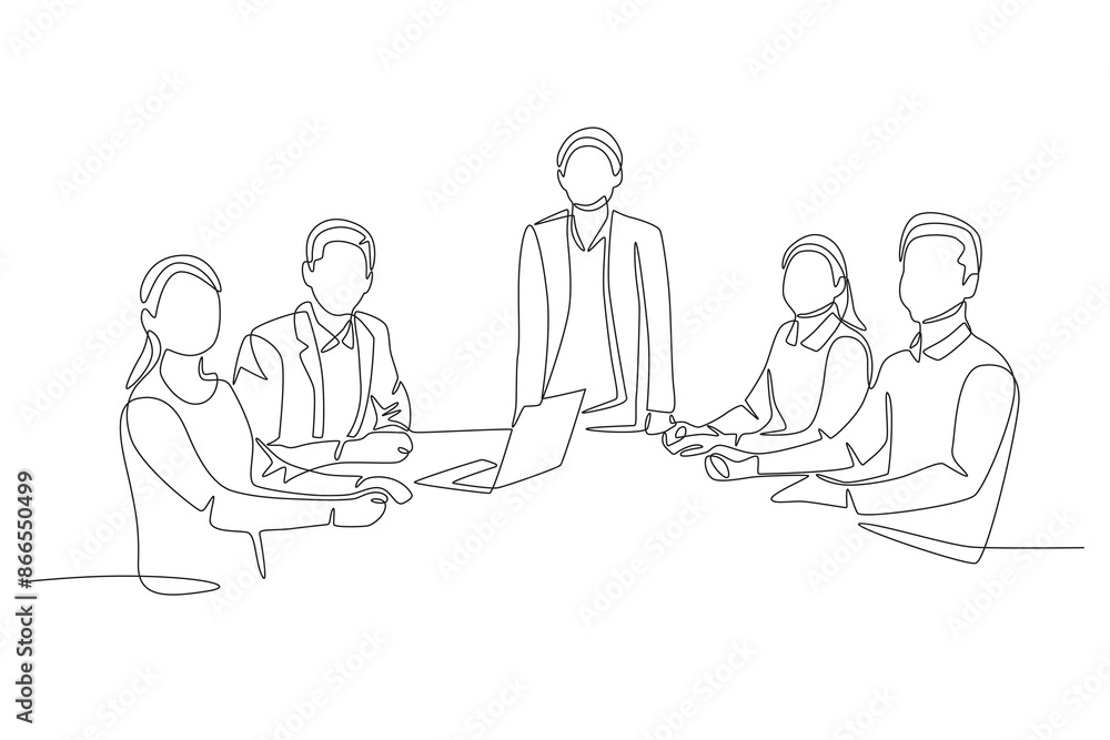 Board of directors meeting with five people. Board of directors concept one-line drawing Board of directors meeting with five people. Board of directors concept one-line drawing