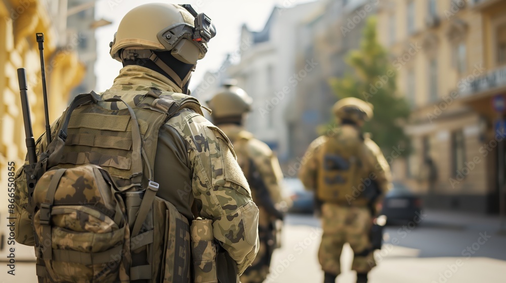 Obraz premium Soldiers in urban combat gear patrolling a city street, urban warfare, military occupation