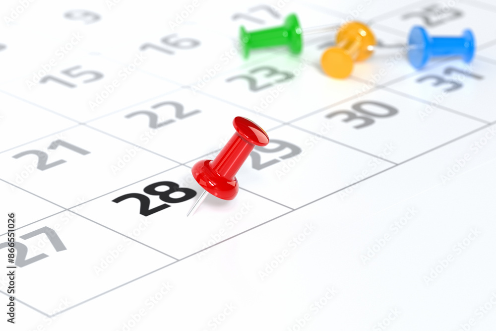 Calendar with Red Pushpin. Date Concept Using White Background and Simple Composition. 3d Rendering Calendar with Red Pushpin. Date Concept Using White Background and Simple Composition. 3d Rendering