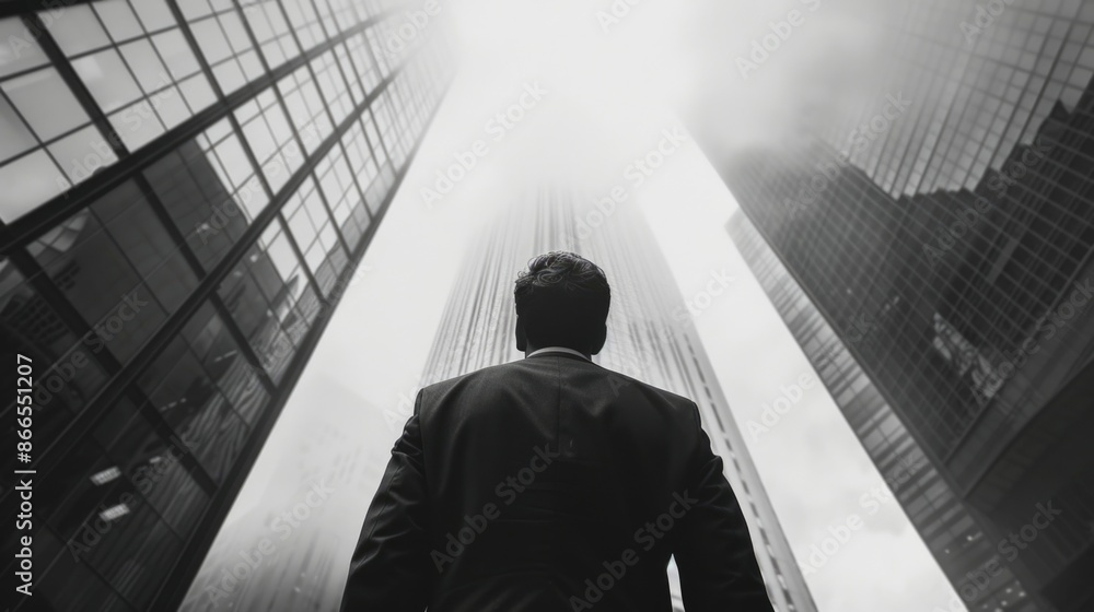 Fototapeta premium A man in a suit stands in front of a tall building