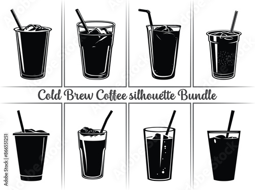 Cold brew coffee silhouette Summer drinks icon. Glass without dome lid, suitable for milkshake, smoothie, slush, or cold iced coffee