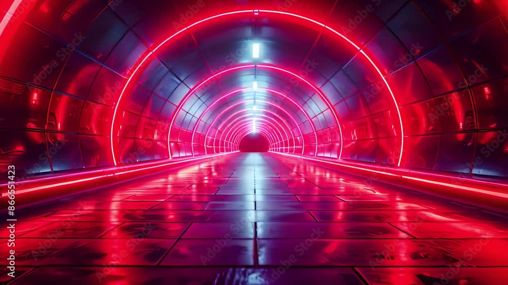 A long, empty tunnel with red and blue neon lights illuminating the path. The smooth, reflective floor adds to the futuristic and abstract feel. A long, empty tunnel with red and blue neon lights illuminating the path. The smooth, reflective floor adds to the futuristic and abstract feel.