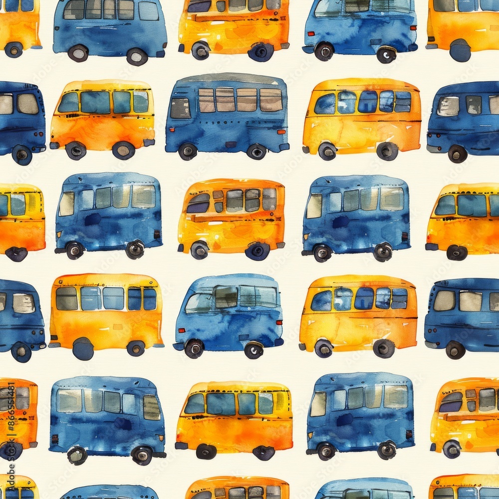 watercolor School buses in a repeating route pattern, minimal pattern, high contrasty watercolor School buses in a repeating route pattern, minimal pattern, high contrasty