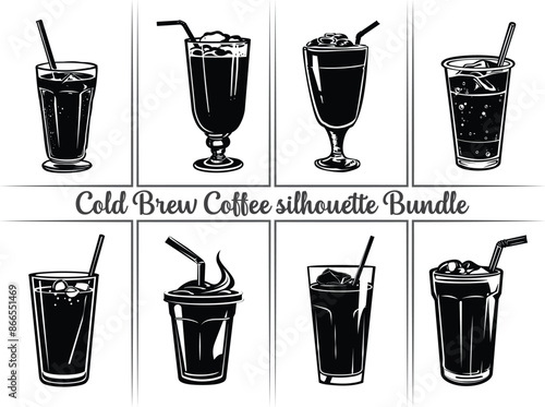 Cold brew coffee silhouette Summer drinks icon. Glass without dome lid, suitable for milkshake, smoothie, slush, or cold iced coffee