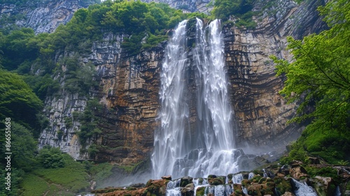 A majestic waterfall cascading down a rocky cliff into a lush, green forest below