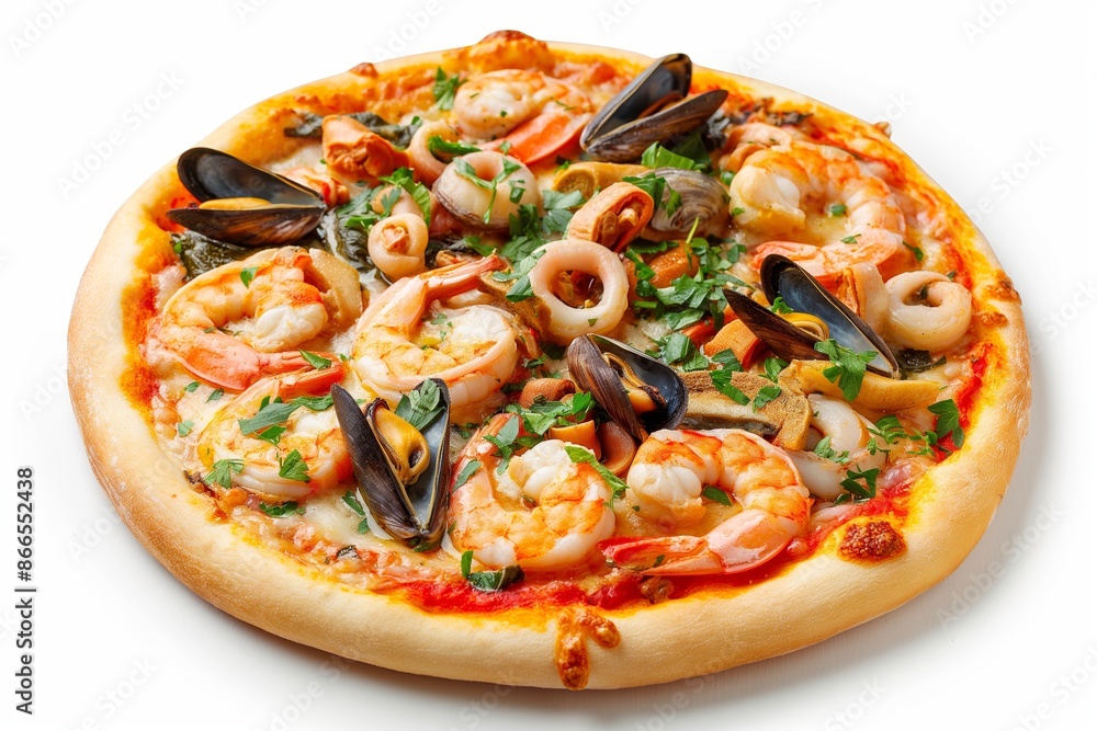 A pizza with shrimp and mussels on top. Isolated on white background A pizza with shrimp and mussels on top. Isolated on white background