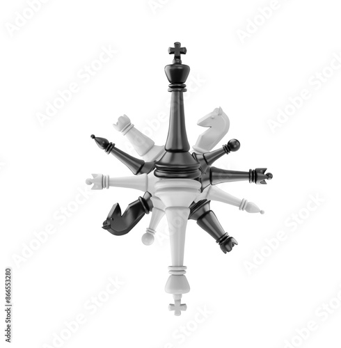 Chess pieces 3d vector composition, realistic chessmen black white collection folded into a figure, board game figurines