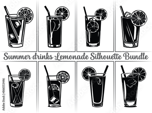 Lemonade silhouette bundle. Lemon juice clipart illustration featuring silhouettes of citrus fruits, including orange, lime, and lemon, as well as summer drinks like lemonade. 