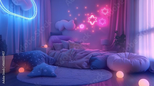 A magical bedroom setup where gentle neon lights complement a soft color palette, creating a cozy and dreamy nighttime environment. The space is furnished with comfortable and inviting elements.