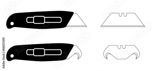Work knives. Cartoon cutter knife. retractable blade or knife. Paper or cardboard cutter. Work, school tools. Retractable blades concept. Utility knife or jackknife. Spare blade for cutter.