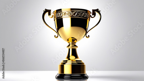 Gold realistic trophy cup on white background with free space for text