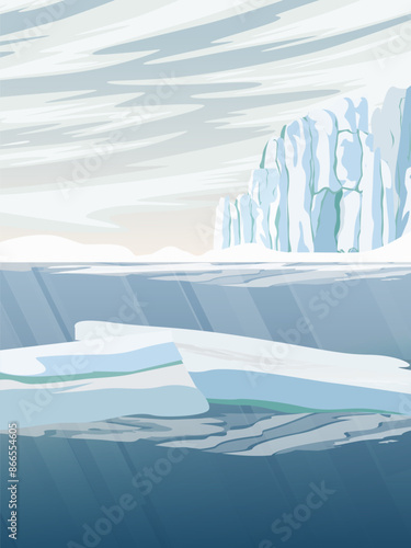 Ice floe in the ocean. Nature in winter. North and Arctic Circle. Realistic vector vertical landscape