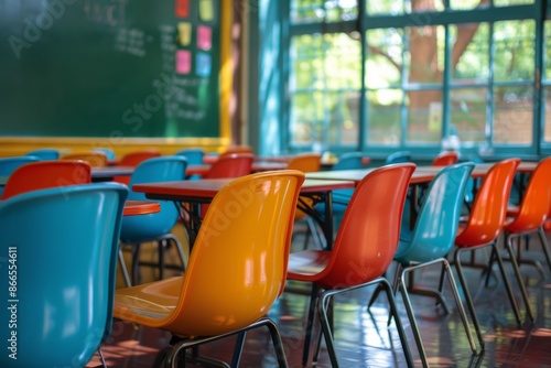 Empty Classroom Desks and Chairs In A School