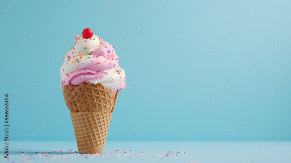 Ice cream in waffle cone with colorful sprinkles on blue background Ice cream in waffle cone with colorful sprinkles on blue background
