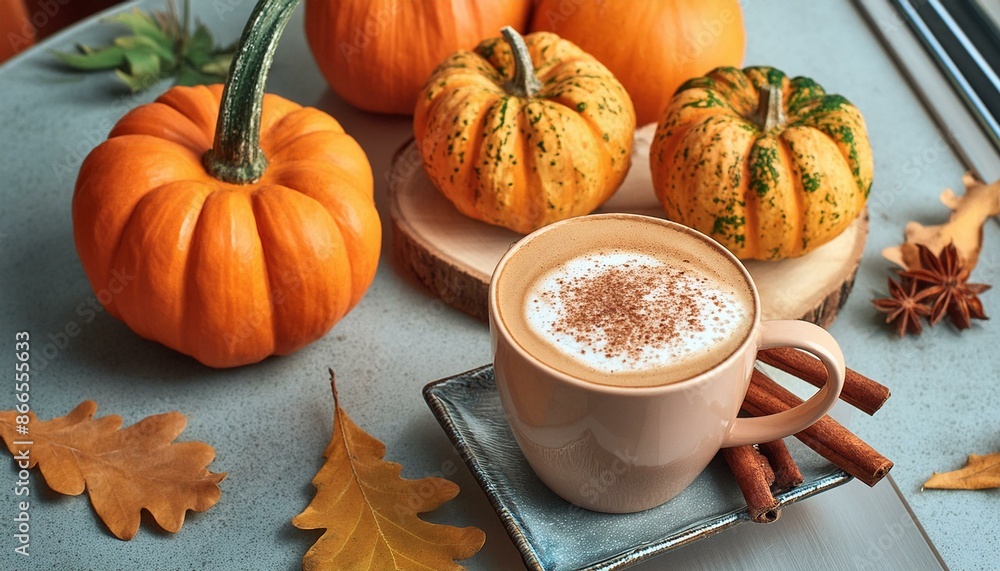 Pumpkin Spice Latte in einem modernen Coffeeshoop - Kürbis Kaffee - Halloween und Herbst Pumpkin Spice Latte in einem modernen Coffeeshoop - Kürbis Kaffee - Halloween und Herbst