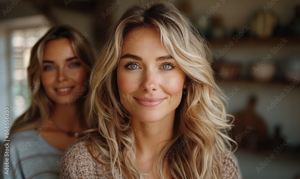 Mature older mom and blonde happy grown daughter celebrate Mother's Day, Teacher's Day, and Woman's Day at home for copy space. Mature older mom and blonde happy grown daughter celebrate Mother's Day, Teacher's Day, and Woman's Day at home for copy space.