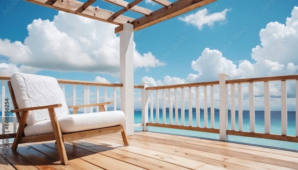 Rustic wooden terrace with a white picket fence, decorated with wood and white fabric patio furniture, under a clear blue sky with fluffy white clouds. Rustic wooden terrace with a white picket fence, decorated with wood and white fabric patio furniture, under a clear blue sky with fluffy white clouds.