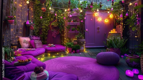 A playful purple patio with whimsical purple fairy lights, vibrant pink cushions, and fun, colorful garden decor. This space is perfect for lively gatherings. © Sundas