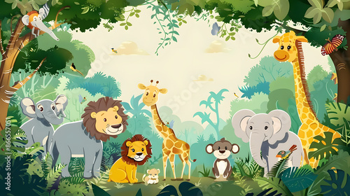 Fototapeta Naklejka Na Ścianę i Meble -  African kids animals in a rainforest, hand-drawn modern illustration. Funny cut elephants, lions, giraffes, zebras, monkeys on a background of trees in a park.