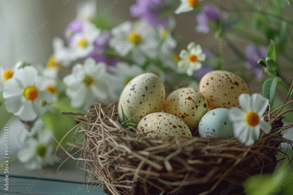 A nest of eggs sits in a basket next to a bunch of flowers A nest of eggs sits in a basket next to a bunch of flowers