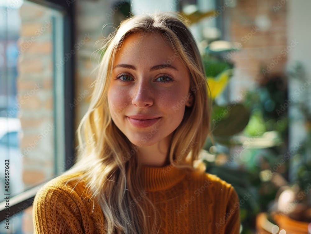 A woman with blonde hair and a yellow sweater is smiling A woman with blonde hair and a yellow sweater is smiling