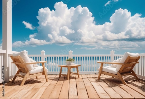 Rustic wooden terrace with a white picket fence, decorated with wood and white fabric patio furniture, under a clear blue sky with fluffy white clouds. © abu